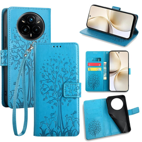 For Realme 14 Pro+ 5G Case PU Leather Wallet Phone Cover Tree Deer Imprinted - Blue - 1