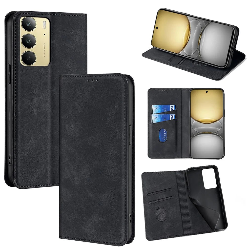 For Realme C75 4G / 14x 5G Card Holder Case PU Leather Magnetic Closing Phone Cover - Black - 1