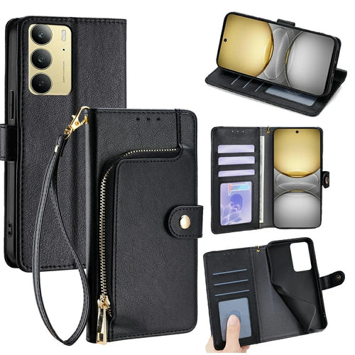 For Realme C75 4G / 14x 5G Case Zipper Pocket PU Leather Wallet Flip Phone Cover - Black - 1