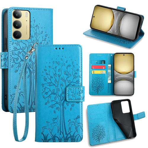 For Realme C75 4G Case PU Leather Wallet Phone Cover Tree Deer Imprinted - Blue - 1