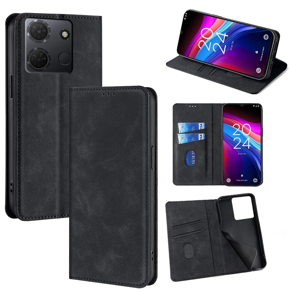 For TCL 503 Card Holder Case PU Leather Magnetic Closing Phone Cover - Black - 1