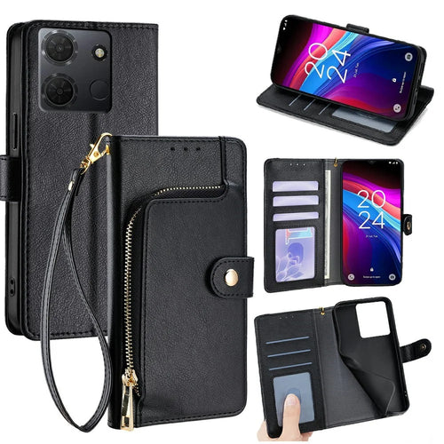 For TCL 503 Case Zipper Pocket PU Leather Wallet Flip Phone Cover - Black - 1