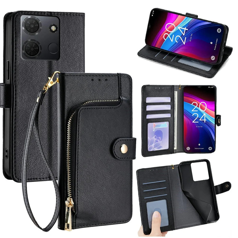 For TCL 503 Case Zipper Pocket PU Leather Wallet Flip Phone Cover - Black - 1