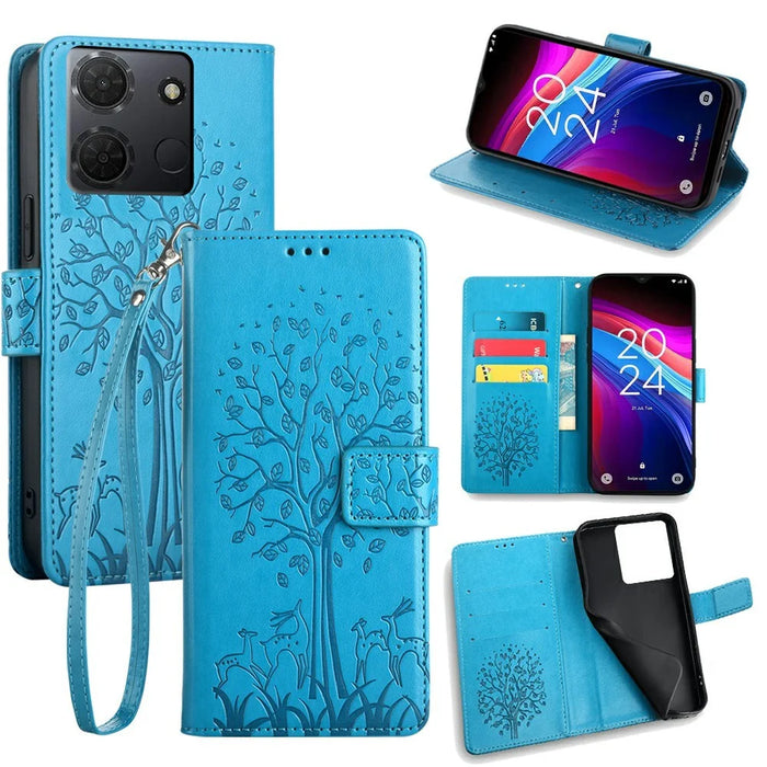 For TCL 503 Case PU Leather Wallet Phone Cover Tree Deer Imprinted - Blue - 1