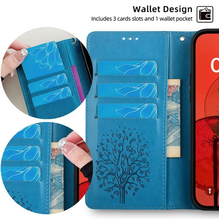 For TCL 503 Case PU Leather Wallet Phone Cover Tree Deer Imprinted - Blue - 5