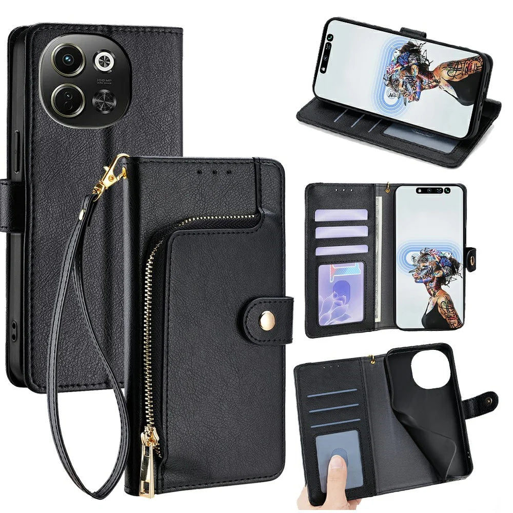 For TECNO Pova 6 Neo 5G / Spark 30 5G Case Zipper Pocket PU Leather Wallet Flip Phone Cover - Black - 1