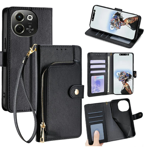 For TECNO Pova 6 Neo 5G / Spark 30 5G Case Zipper Pocket PU Leather Wallet Flip Phone Cover - Black - 1