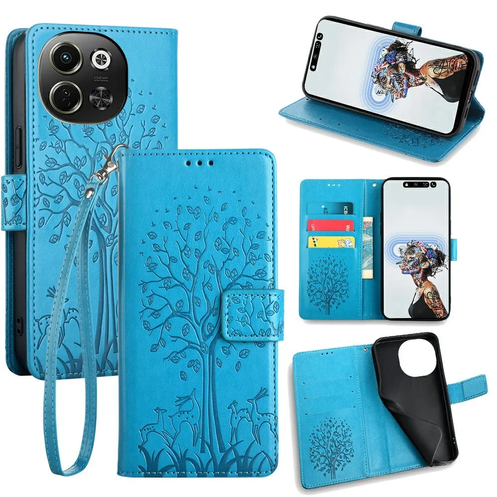 For TECNO Pova 6 Neo 5G / Spark 30 5G Case PU Leather Wallet Phone Cover Tree Deer Imprinted - Blue - 1