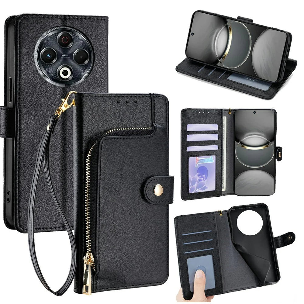 For TECNO Spark 30 4G Case Zipper Pocket PU Leather Wallet Flip Phone Cover - Black - 1