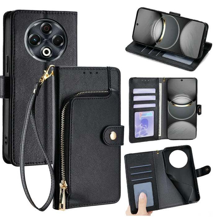 For TECNO Spark 30 4G Case Zipper Pocket PU Leather Wallet Flip Phone Cover - Black - 1