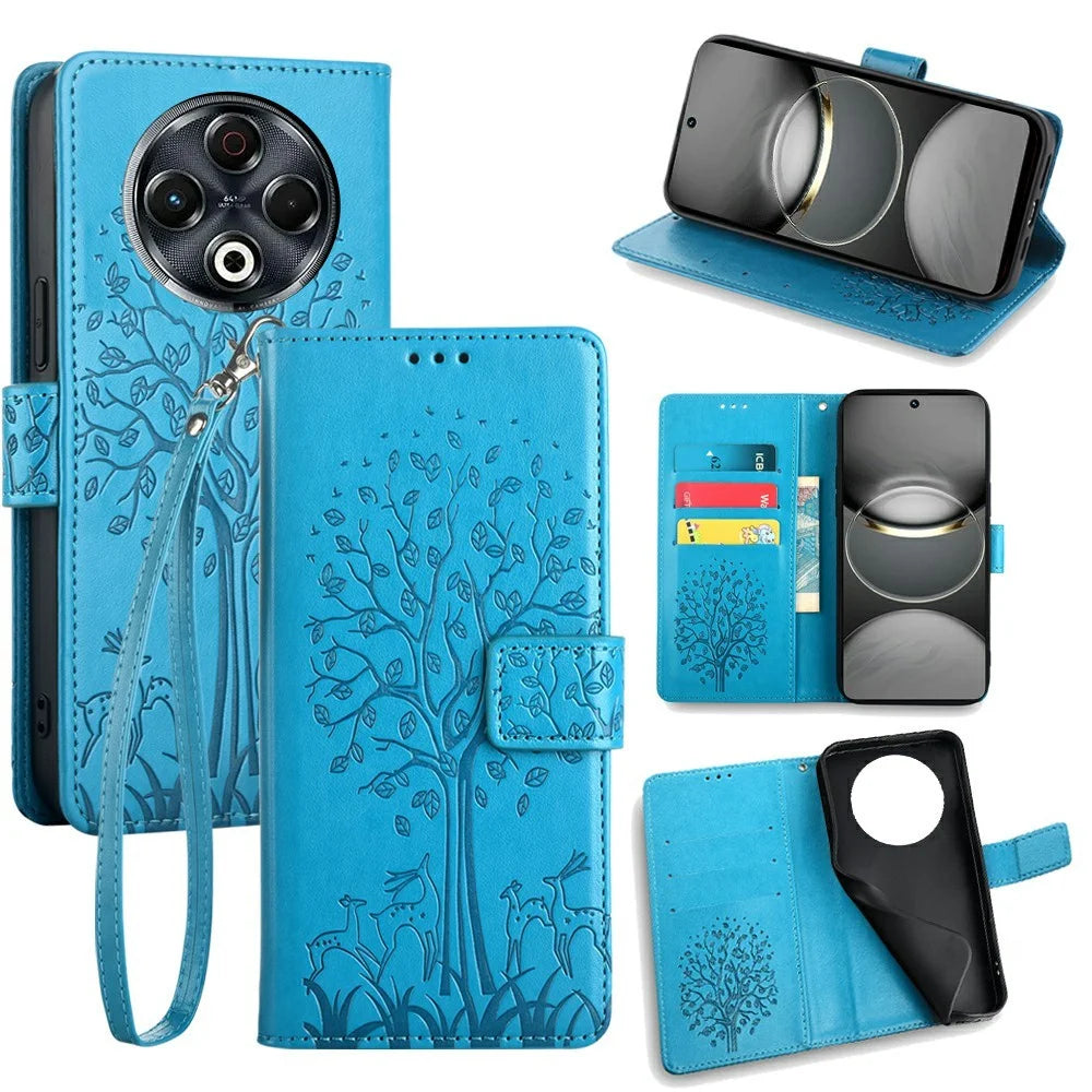 For TECNO Spark 30 4G Case PU Leather Wallet Phone Cover Tree Deer Imprinted - Blue - 1
