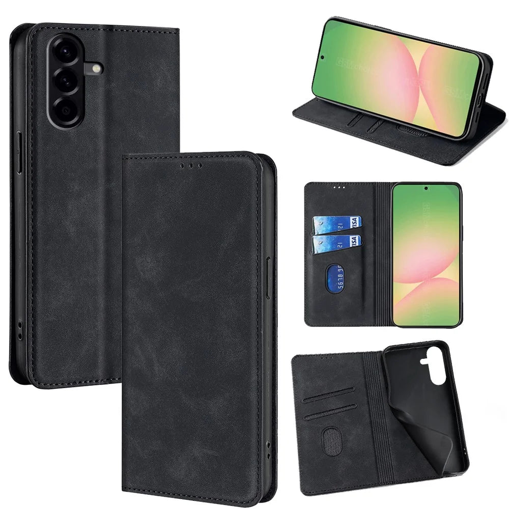 For Samsung Galaxy A56 5G Card Holder Case PU Leather Magnetic Closing Phone Cover - Black - 1