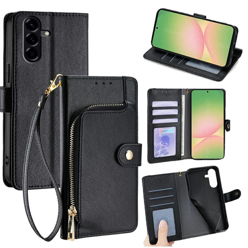 For Samsung Galaxy A56 5G Case Zipper Pocket PU Leather Wallet Flip Phone Cover - Black - 1