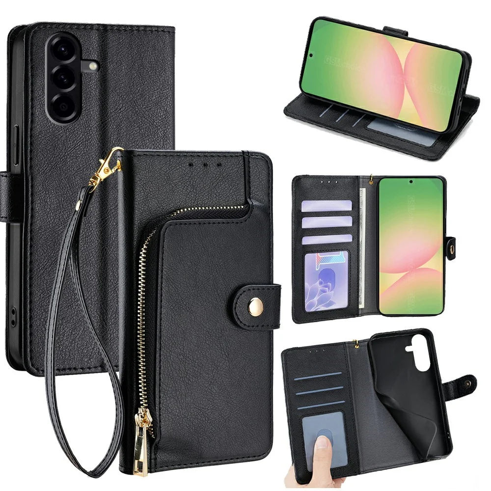 For Samsung Galaxy A56 5G Case Zipper Pocket PU Leather Wallet Flip Phone Cover - Black - 1