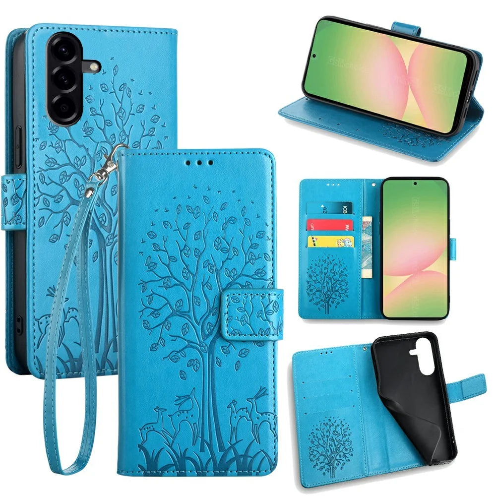 For Samsung Galaxy A56 5G Case PU Leather Wallet Phone Cover Tree Deer Imprinted - Blue - 1