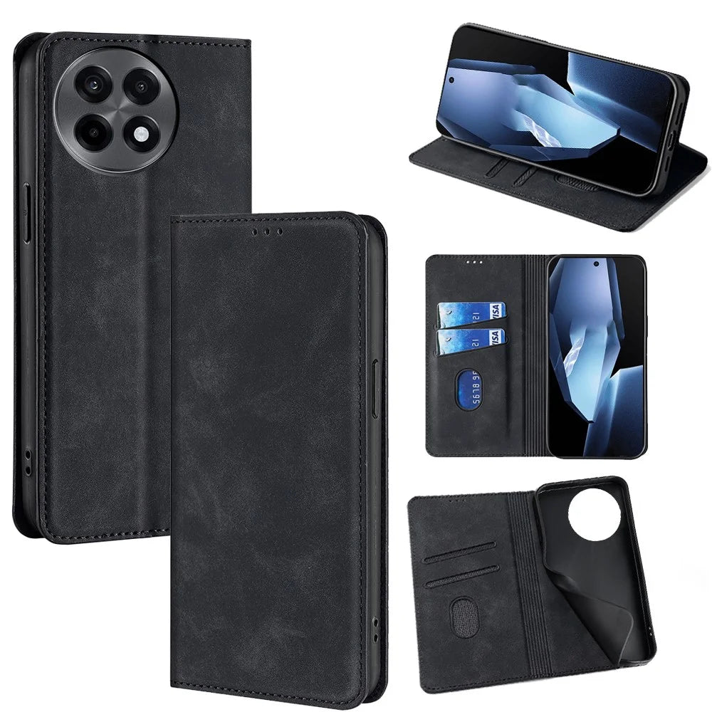 For OnePlus Ace 5 Pro 5G / Ace 5 5G Card Holder Case PU Leather Magnetic Closing Phone Cover - Black - 1