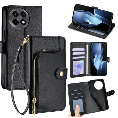 For OnePlus Ace 5 Pro 5G / Ace 5 5G Case Zipper Pocket PU Leather Wallet Flip Phone Cover - Black - 1