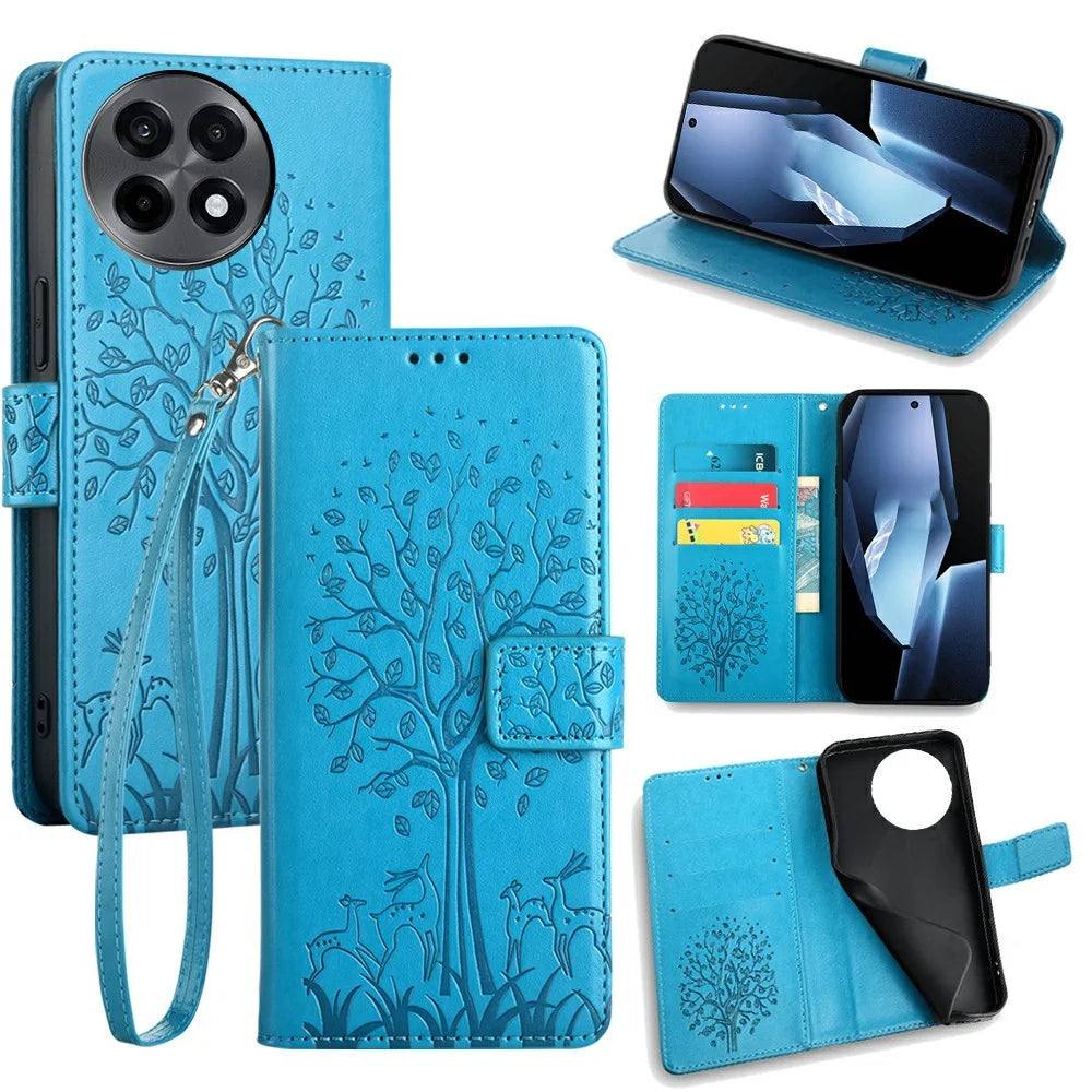 For OnePlus Ace 5 Pro 5G / Ace 5 5G Case PU Leather Wallet Phone Cover Tree Deer Imprinted - Blue - 1