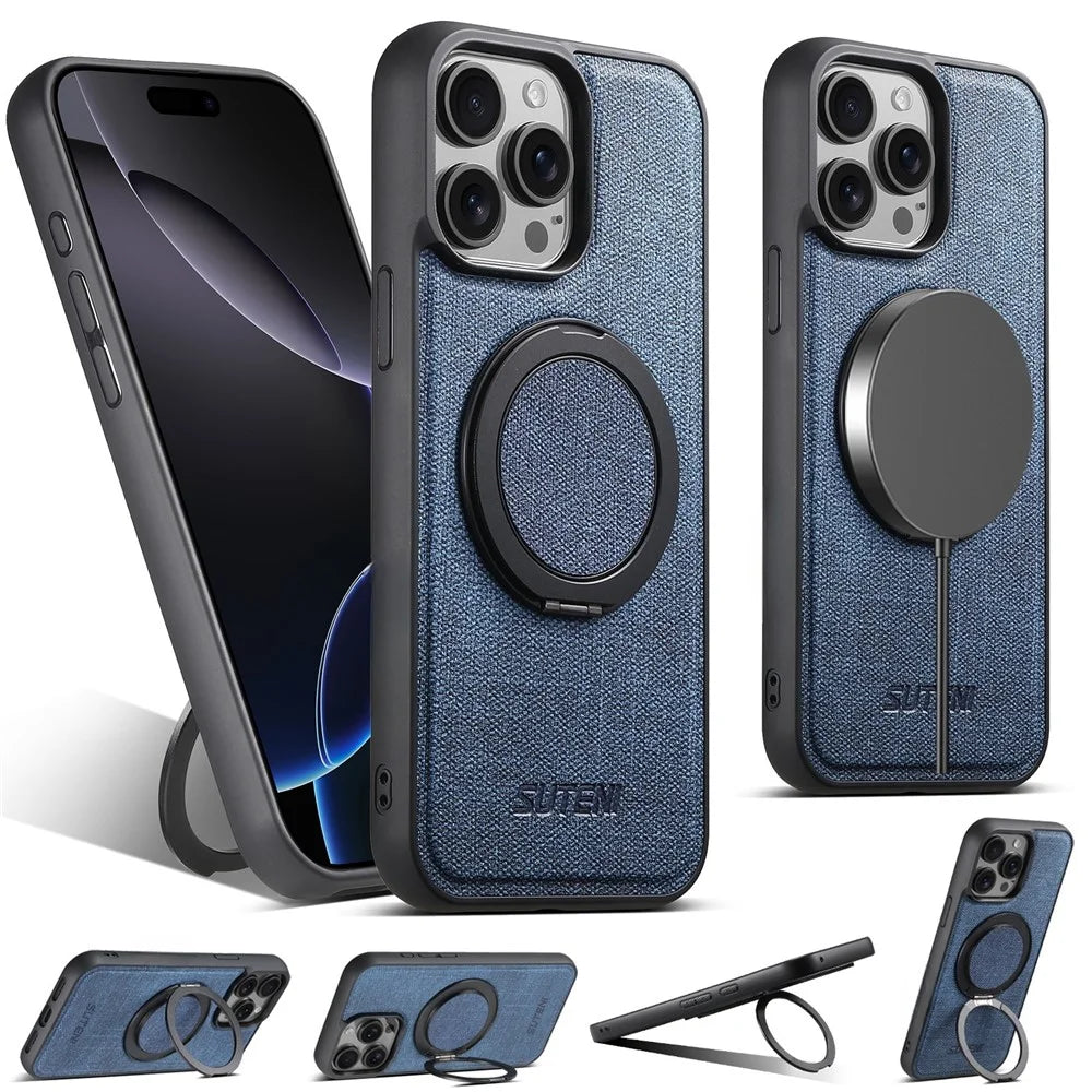 SUTENI G3 For iPhone 14 Pro Magnetic Case Rotating Ring Kickstand Jeans Texture PU TPU Phone Back Cover - Blue - 1