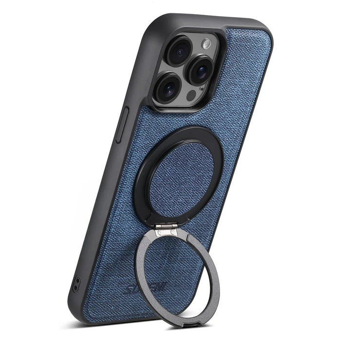 SUTENI G3 For iPhone 14 Pro Magnetic Case Rotating Ring Kickstand Jeans Texture PU TPU Phone Back Cover - Blue - 5