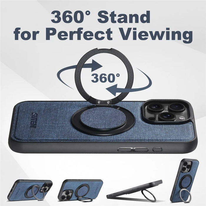 SUTENI G3 For iPhone 14 Pro Magnetic Case Rotating Ring Kickstand Jeans Texture PU TPU Phone Back Cover - Blue - 6