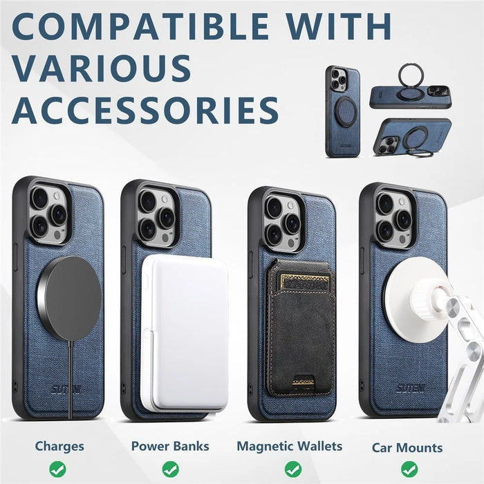 SUTENI G3 For iPhone 14 Pro Magnetic Case Rotating Ring Kickstand Jeans Texture PU TPU Phone Back Cover - Blue - 7