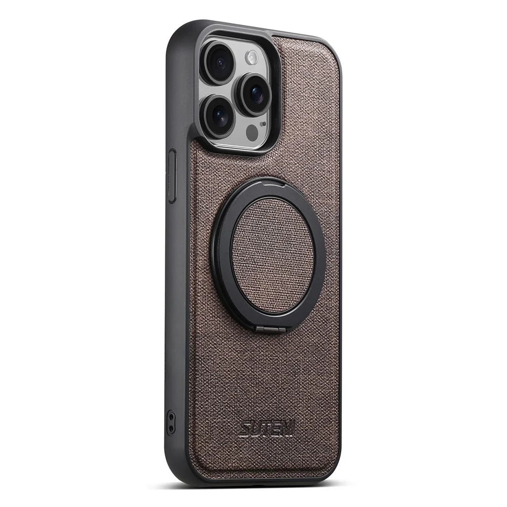 SUTENI G3 For iPhone 14 Pro Max Magnetic Case Rotating Ring Kickstand Jeans Texture PU TPU Phone Back Cover - Brown - 2