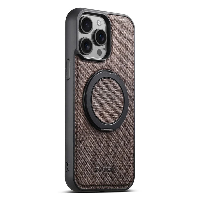 SUTENI G3 For iPhone 14 Pro Max Magnetic Case Rotating Ring Kickstand Jeans Texture PU TPU Phone Back Cover - Brown - 2