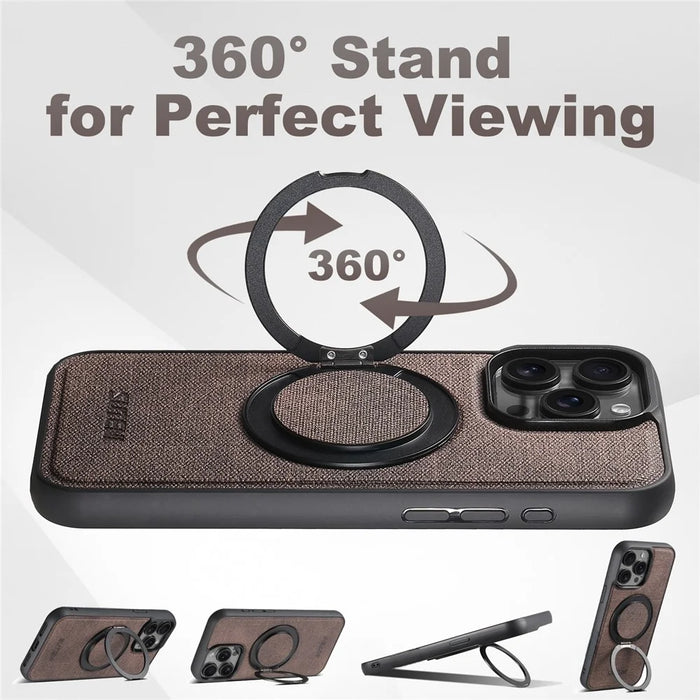 SUTENI G3 For iPhone 14 Pro Max Magnetic Case Rotating Ring Kickstand Jeans Texture PU TPU Phone Back Cover - Brown - 6
