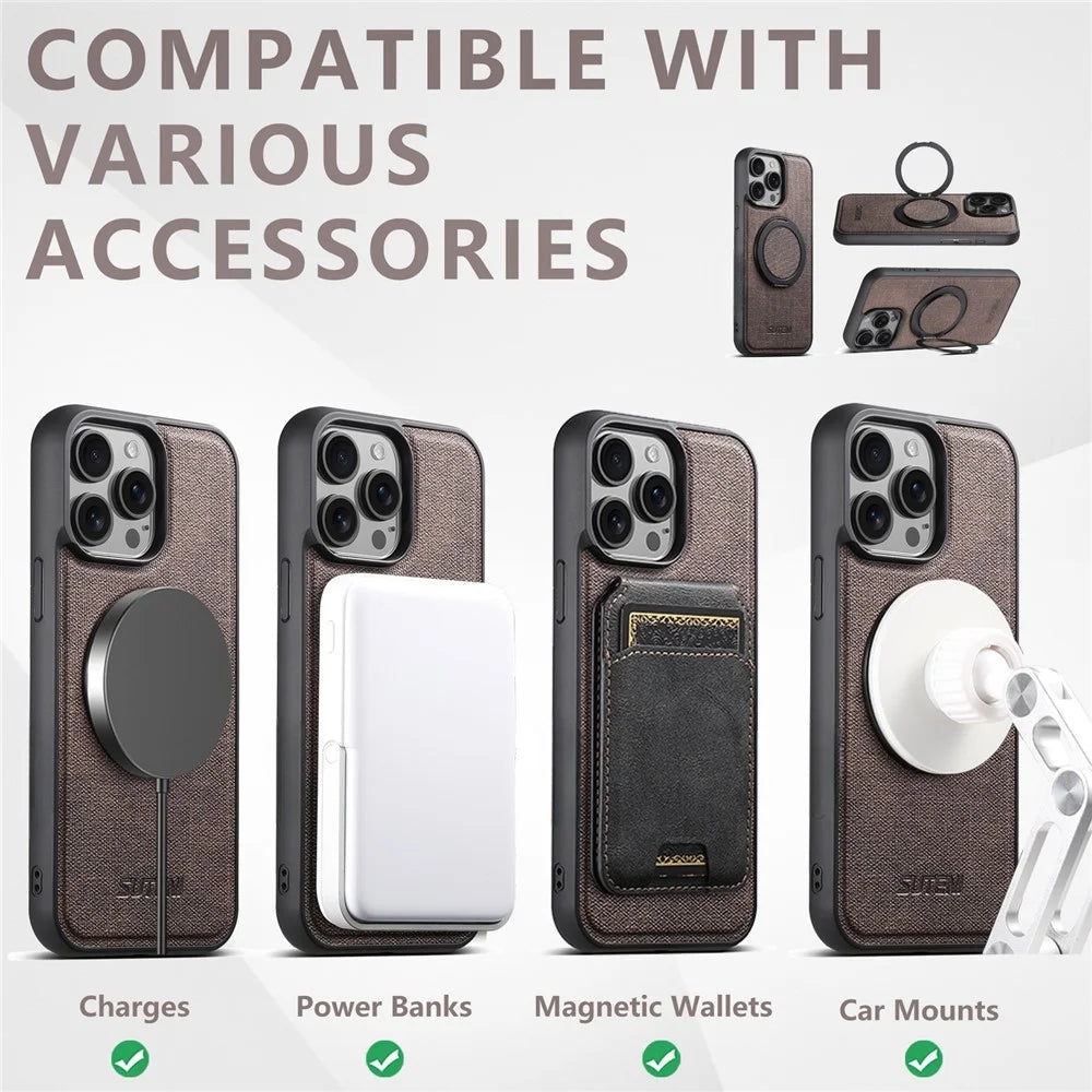 SUTENI G3 For iPhone 14 Pro Max Magnetic Case Rotating Ring Kickstand Jeans Texture PU TPU Phone Back Cover - Brown - 7