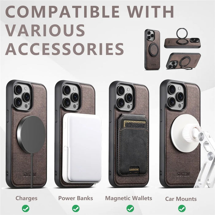 SUTENI G3 For iPhone 14 Pro Max Magnetic Case Rotating Ring Kickstand Jeans Texture PU TPU Phone Back Cover - Brown - 7