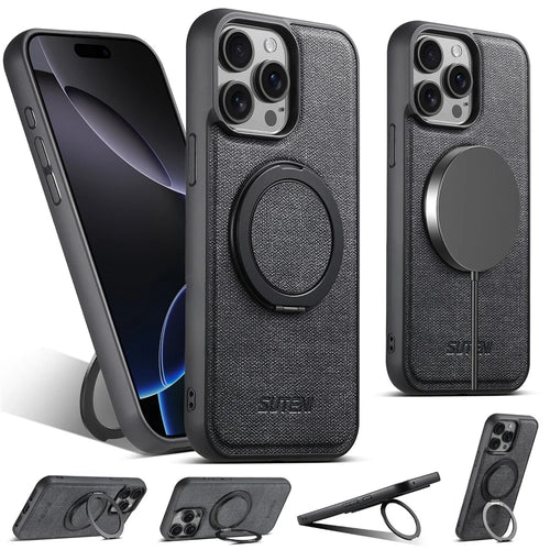 SUTENI G3 For iPhone 15 Pro Magnetic Case Rotating Ring Kickstand Jeans Texture PU TPU Phone Back Cover - Black - 1