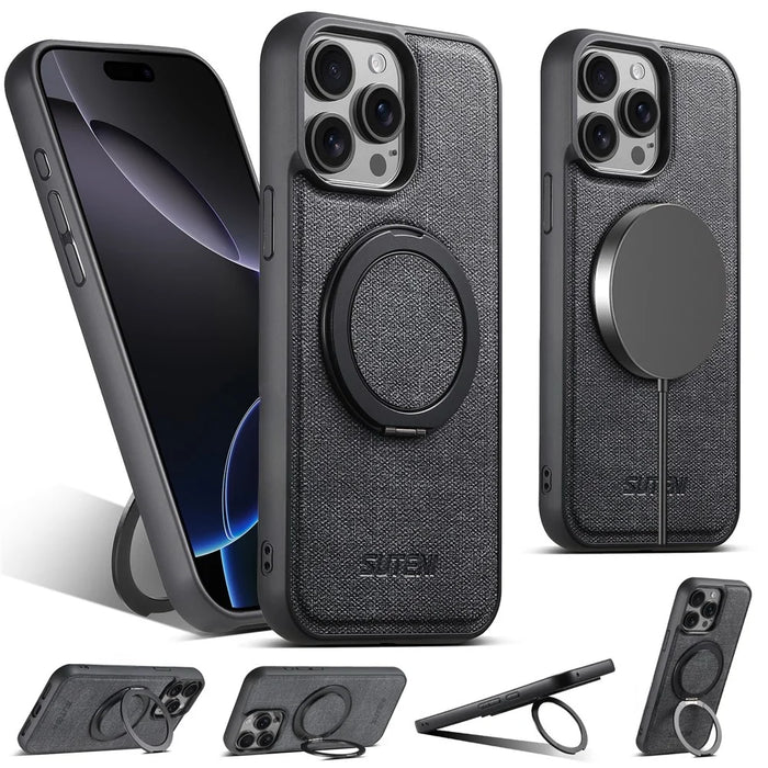SUTENI G3 For iPhone 15 Pro Magnetic Case Rotating Ring Kickstand Jeans Texture PU TPU Phone Back Cover - Black - 1