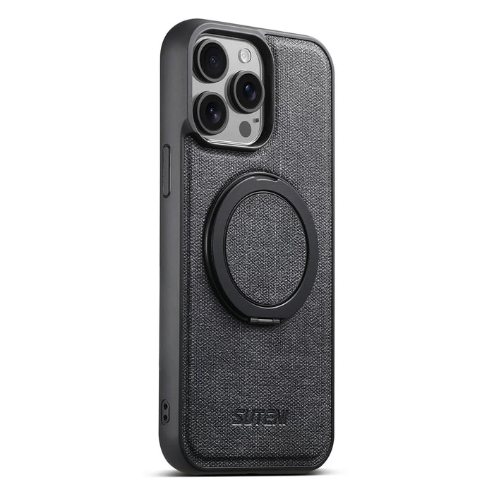 SUTENI G3 For iPhone 15 Pro Magnetic Case Rotating Ring Kickstand Jeans Texture PU TPU Phone Back Cover - Black - 2