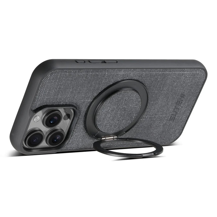 SUTENI G3 For iPhone 15 Pro Magnetic Case Rotating Ring Kickstand Jeans Texture PU TPU Phone Back Cover - Black - 3