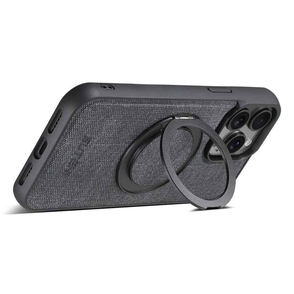 SUTENI G3 For iPhone 15 Pro Magnetic Case Rotating Ring Kickstand Jeans Texture PU TPU Phone Back Cover - Black - 4