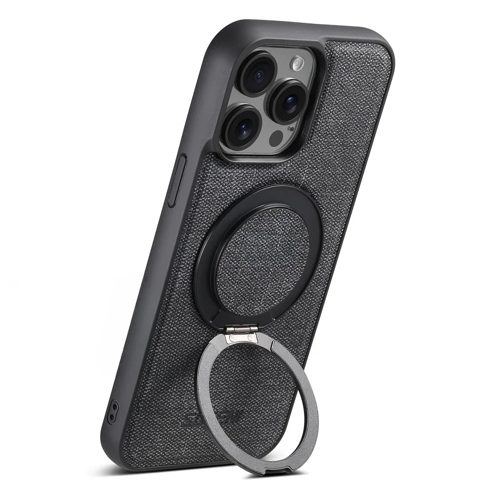 SUTENI G3 For iPhone 15 Pro Magnetic Case Rotating Ring Kickstand Jeans Texture PU TPU Phone Back Cover - Black - 5