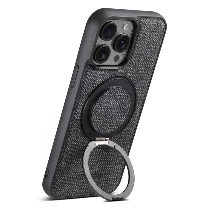SUTENI G3 For iPhone 15 Pro Magnetic Case Rotating Ring Kickstand Jeans Texture PU TPU Phone Back Cover - Black - 5