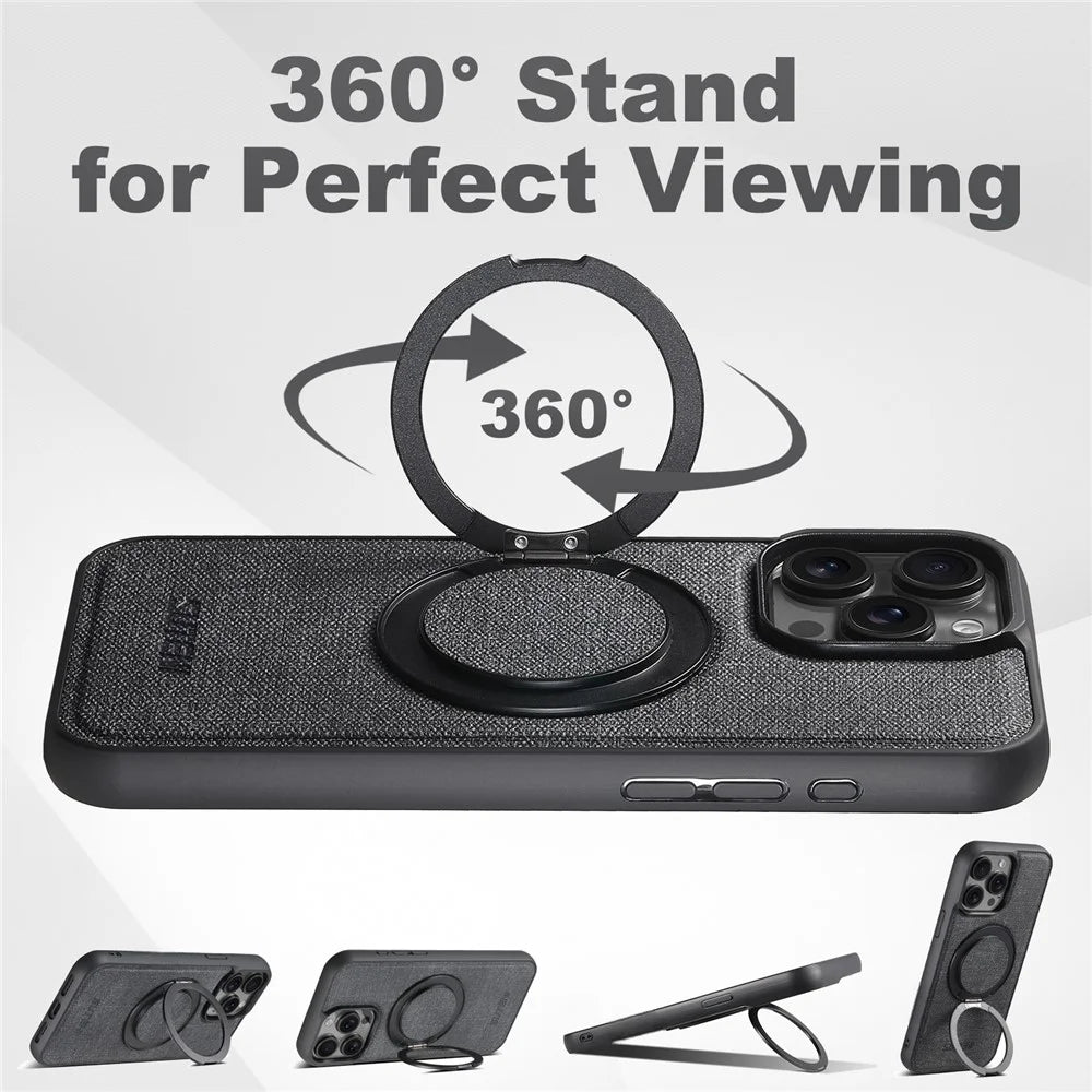 SUTENI G3 For iPhone 15 Pro Magnetic Case Rotating Ring Kickstand Jeans Texture PU TPU Phone Back Cover - Black - 6