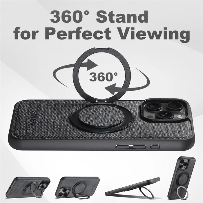 SUTENI G3 For iPhone 15 Pro Magnetic Case Rotating Ring Kickstand Jeans Texture PU TPU Phone Back Cover - Black - 6