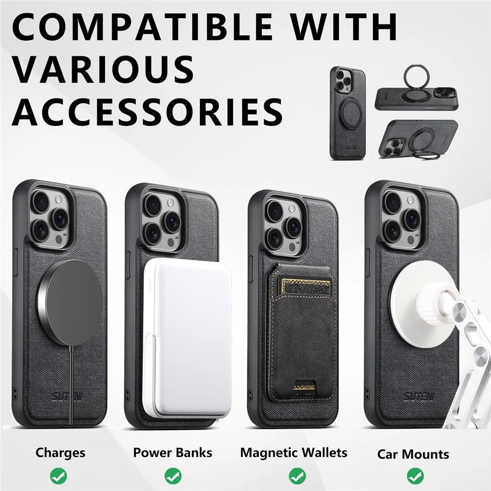 SUTENI G3 For iPhone 15 Pro Magnetic Case Rotating Ring Kickstand Jeans Texture PU TPU Phone Back Cover - Black - 7