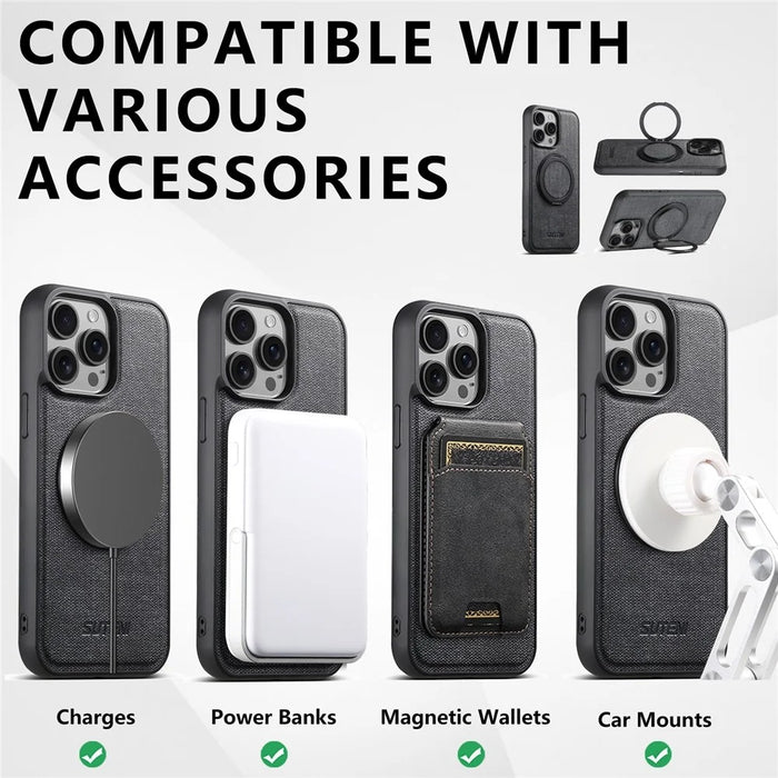 SUTENI G3 For iPhone 15 Pro Magnetic Case Rotating Ring Kickstand Jeans Texture PU TPU Phone Back Cover - Black - 7