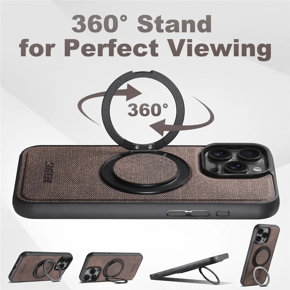 SUTENI G3 For iPhone 15 Pro Max Magnetic Case Rotating Ring Kickstand Jeans Texture PU TPU Phone Back Cover - Brown - 6