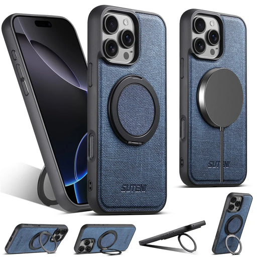 SUTENI G3 For iPhone 16 Pro Magnetic Case Rotating Ring Kickstand Jeans Texture PU TPU Phone Back Cover - Blue - 1