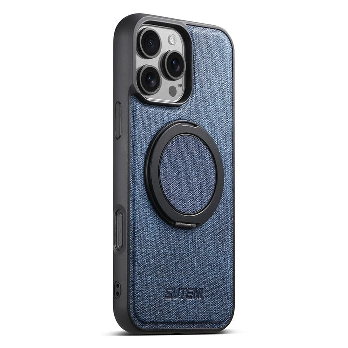 SUTENI G3 For iPhone 16 Pro Magnetic Case Rotating Ring Kickstand Jeans Texture PU TPU Phone Back Cover - Blue - 2