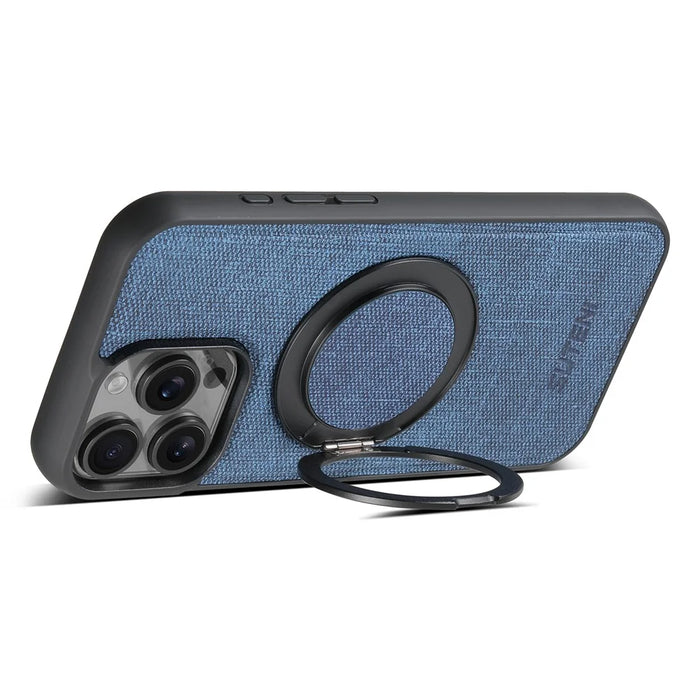 SUTENI G3 For iPhone 16 Pro Magnetic Case Rotating Ring Kickstand Jeans Texture PU TPU Phone Back Cover - Blue - 3