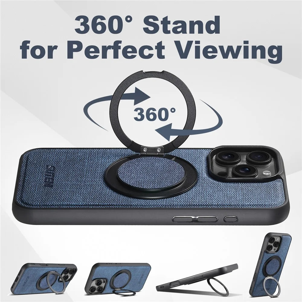 SUTENI G3 For iPhone 16 Pro Magnetic Case Rotating Ring Kickstand Jeans Texture PU TPU Phone Back Cover - Blue - 6