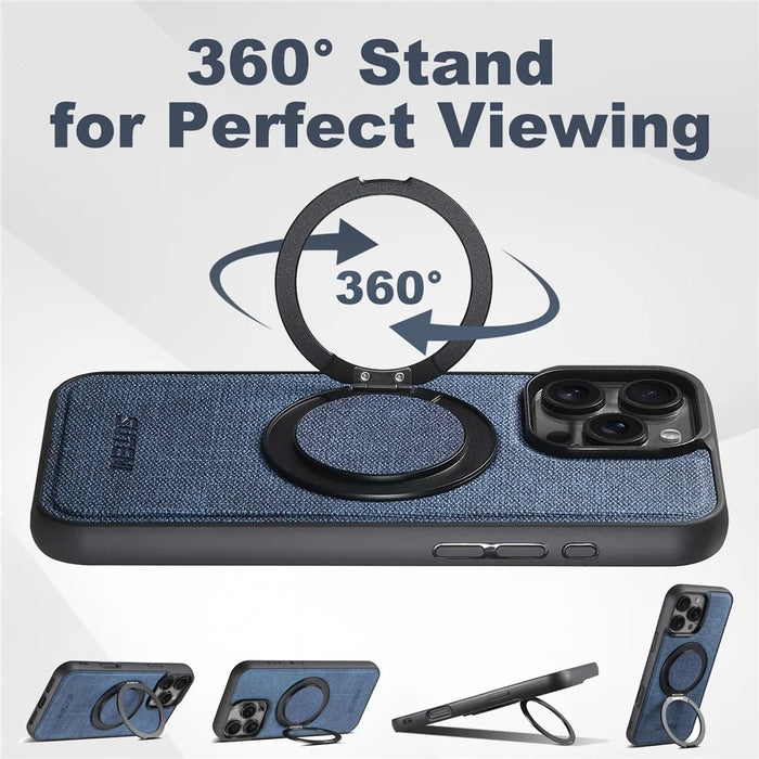 SUTENI G3 For iPhone 16 Pro Magnetic Case Rotating Ring Kickstand Jeans Texture PU TPU Phone Back Cover - Blue - 6