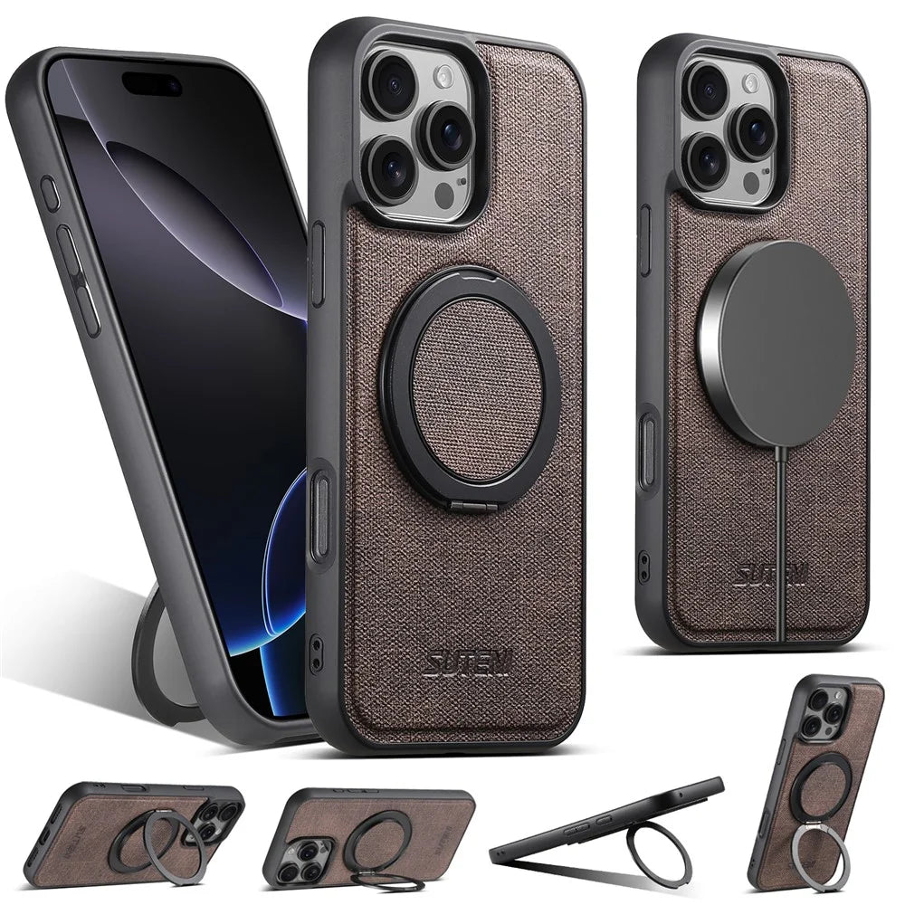SUTENI G3 For iPhone 16 Pro Max Magnetic Case Rotating Ring Kickstand Jeans Texture PU TPU Phone Back Cover - Brown - 1