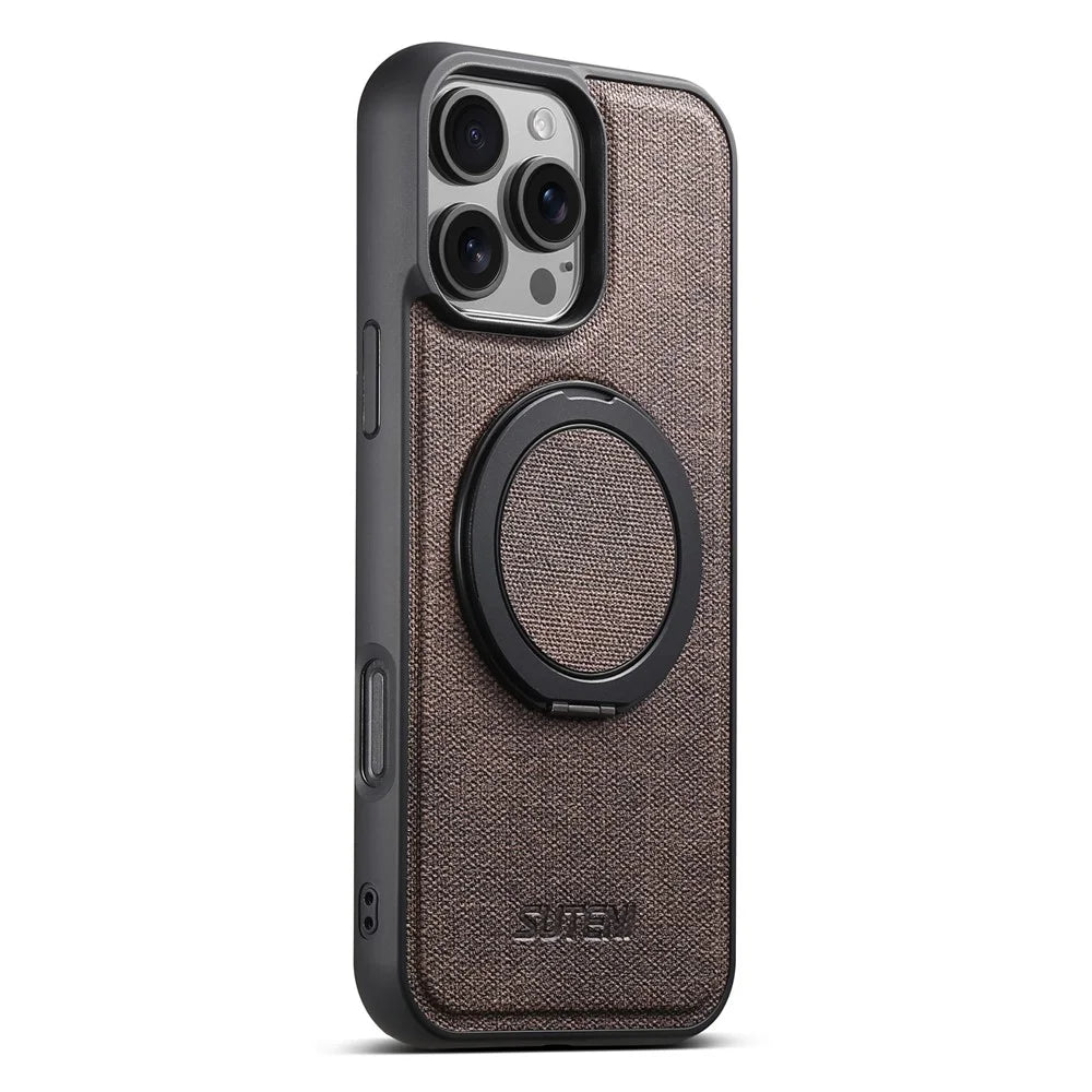 SUTENI G3 For iPhone 16 Pro Max Magnetic Case Rotating Ring Kickstand Jeans Texture PU TPU Phone Back Cover - Brown - 2